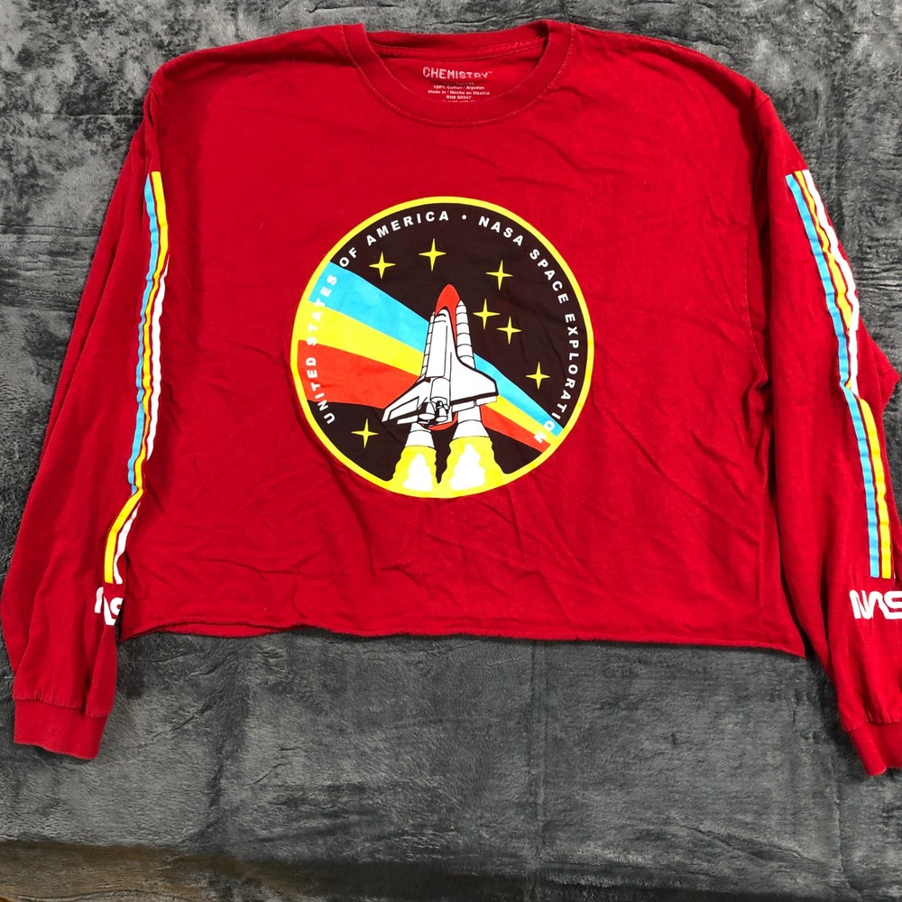 Chemistry NASA Space Exploration Shirt Womens XL Red Good Cropped Long Sleeve